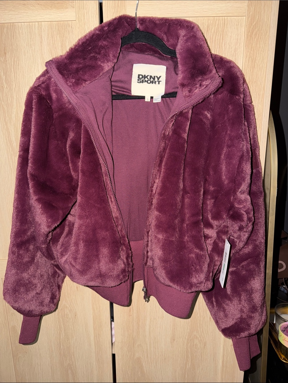DKNY Sport Plush Faux Fur Bomber Jacket in Plum - NWT Size L
